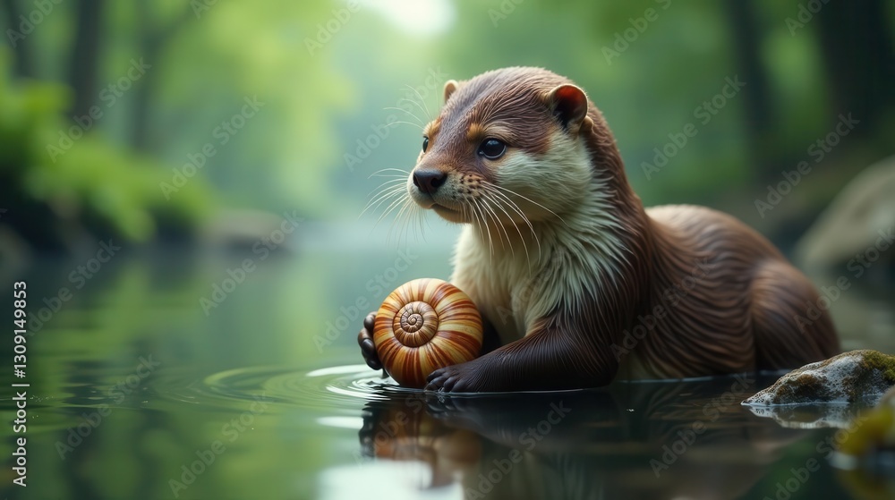 Fototapeta premium A Curious Otter in a Serene Forest Stream, Gently Holding a Spiral Shell