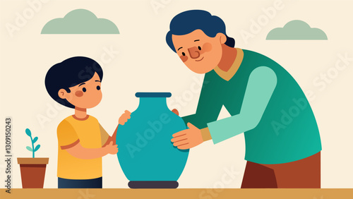 A young boy watches his grandfather skillfully craft a traditional ceramic vase absorbing the rich cultural heritage and artistic techniques that have. Vector illustration