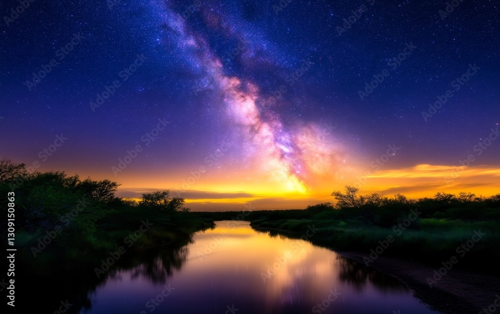 Stunning night sky showcasing the Milky Way over a serene river landscape at twilight Stunning night sky showcasing the Milky Way over a serene river landscape at twilight
