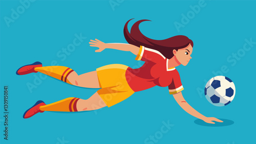 A fierce female player diving with precision determined to keep the ball from touching the ground.. Vector illustration