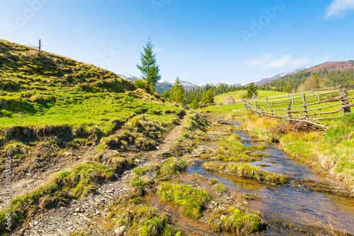 Obraz na płótnie countryside scenery of ukraine in spring. natural environment. sunny morning. mountainous rural landscape with grassy field on a hill behind fence. brook in the valley. borzhava ridge w salonie
