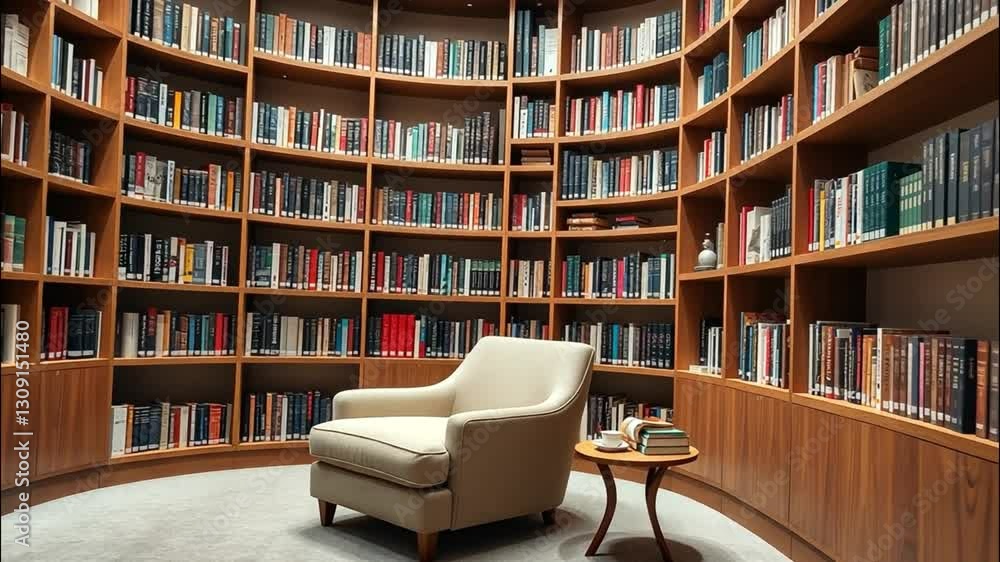 Cozy Reading Nook with Elegant Armchair and Curved Bookshelf video Cozy Reading Nook with Elegant Armchair and Curved Bookshelf video