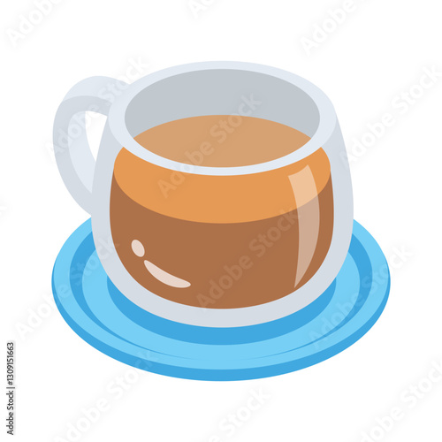 A vibrant icon of a glass coffee cup filled with coffee, resting on a matching saucer.