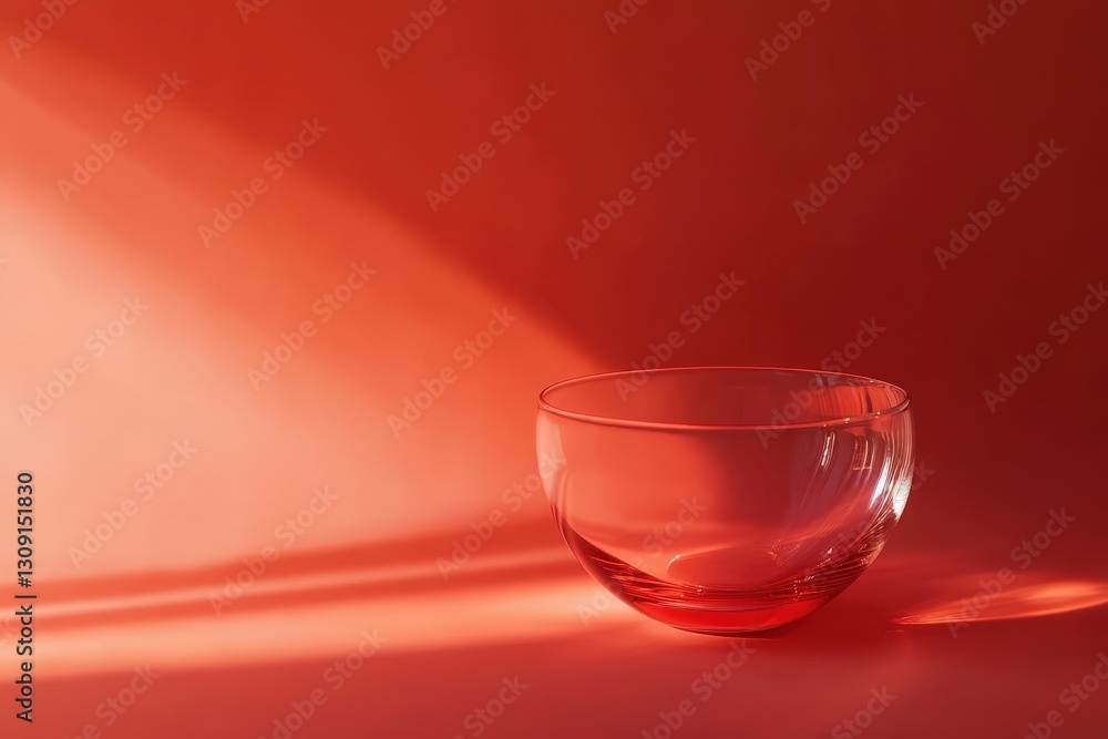 A transparent glass bowl placed under a red background light A transparent glass bowl placed under a red background light
