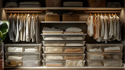 Organized closet with clothes and storage bins, well-lit, modern interior design