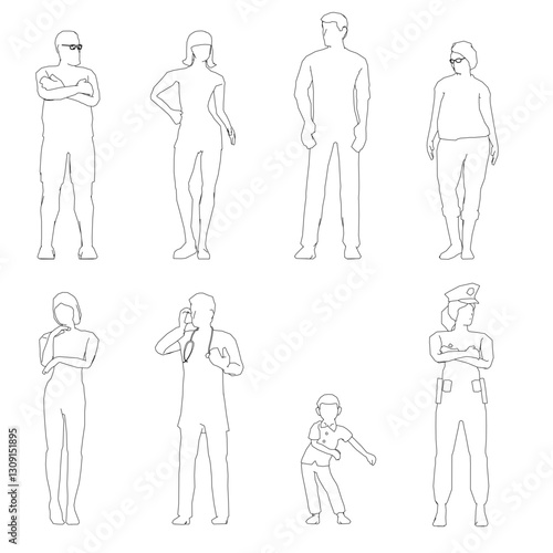 Group of people are standing in a line, with one person holding a cell phone. Scene is casual and relaxed, as the people are not engaged in any particular activity. Child, doctor, policeman