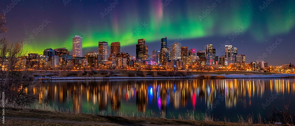 Fototapeta premium Calgary skyline reflecting in the Bow River under vibrant aurora borealis