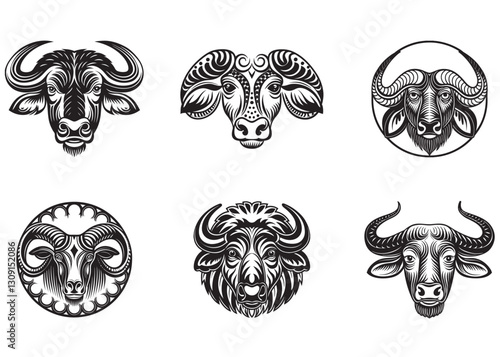 silhouette buffalo head logo vector,  bull head silhouette logo design, buffalo head logo icon, silhouette head of wild buffalo, vector of a buffalo head design on white background.