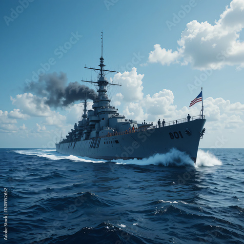 Large Warship Sailing on Blue Sea with American Flag Waving Proudly