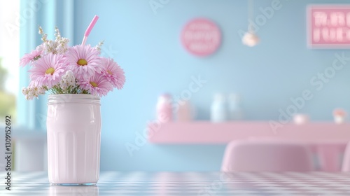Wallpaper Mural Charming pastel-themed cafe decor with pink flowers in a white jar on a checkered table. Torontodigital.ca