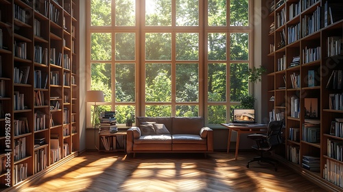 Wallpaper Mural Interior view of library with large window and sunlight, books for reading, use as background Torontodigital.ca
