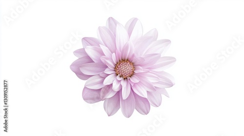 Close-up of a delicate pink chrysanthemum flower on a white background, showcasing its soft petals and intricate details.