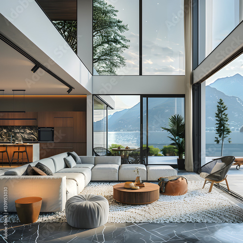 Modern interior design of luxury house with the view of lake and mountain
