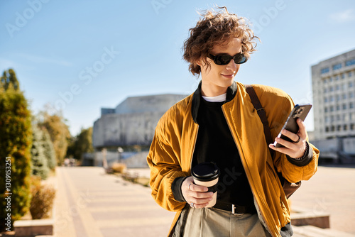 Foto Stylish young man enjoying a sunny day while checking his phone at the city plaz