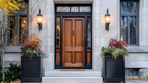A front door of an upscale modern home with two large planters on either side
