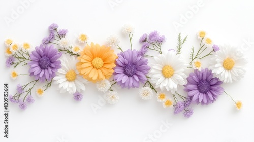 Colorful arrangement of daisies and wildflowers on white background, featuring purple, orange, and white blossoms.