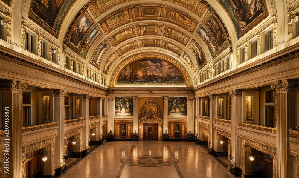 Obraz premium Grand hall with ornate architecture and classical artwork.