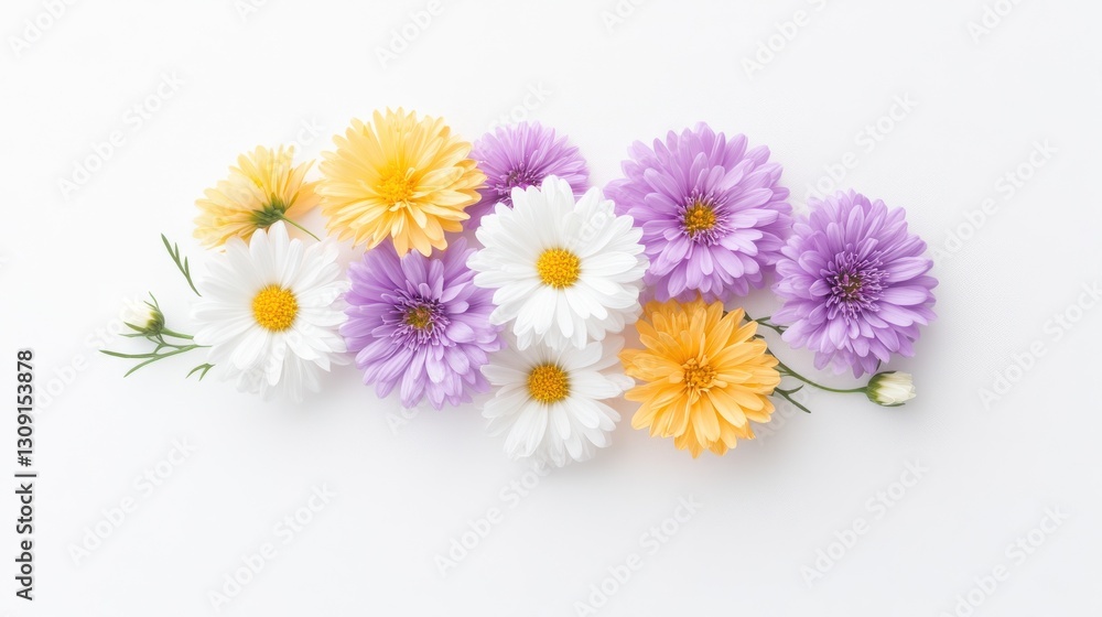 Fototapeta premium Colorful bouquet of daisies and asters arranged on a white background, showcasing nature's beauty.