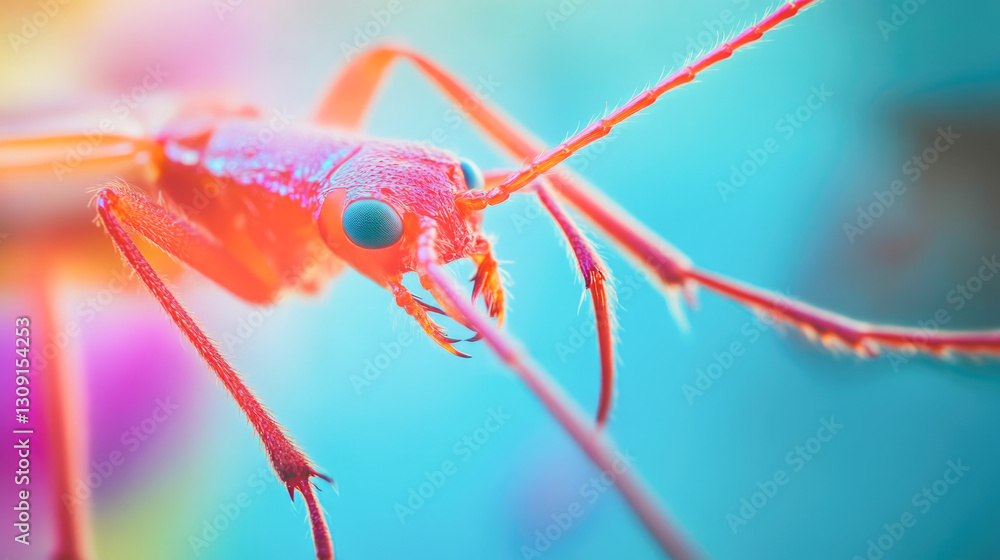 Vibrant macro shot of red beetle with detailed antennae and bright blue background Vibrant macro shot of red beetle with detailed antennae and bright blue background