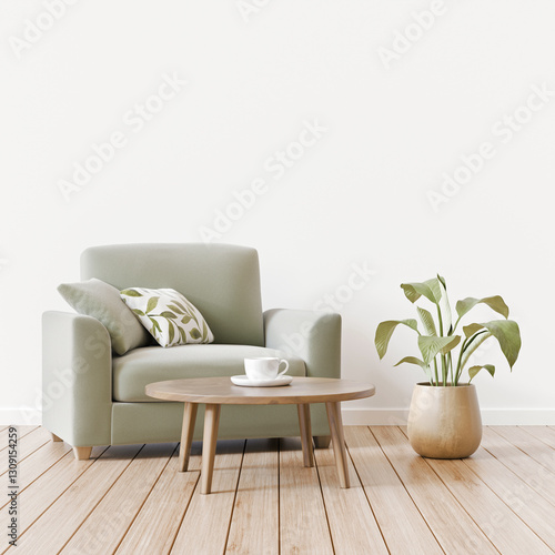 Fototapeta Naklejka Na Ścianę i Meble -  Modern interior close-up with green armchair, coffee table and plant on empty white wall background. Natural organic styled living room. Minimal and neutral home design. 3d rendering.