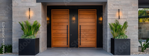A front door of an upscale modern home with two large planters on either side
