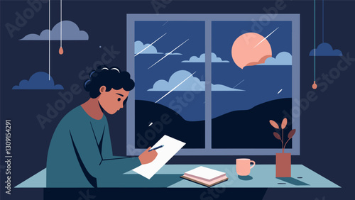 A writer sits by a window watching the rain splash against the glass as they pour their heart out onto the pages of a letter. The sound of pen. Vector illustration