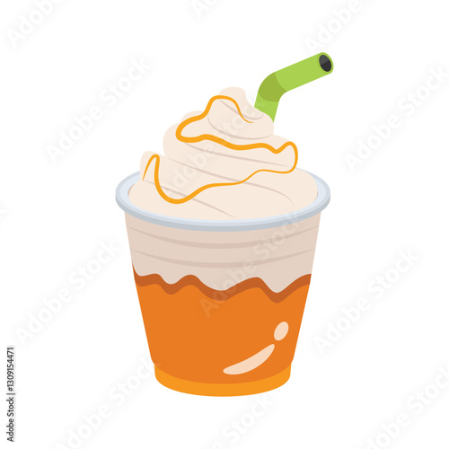 Colorful illustration of a caramel flavored iced beverage in a disposable cup.