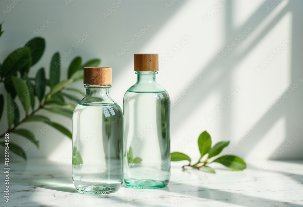Two glass water bottles with bamboo lids on a marble surface with natural light and greenery Two glass water bottles with bamboo lids on a marble surface with natural light and greenery