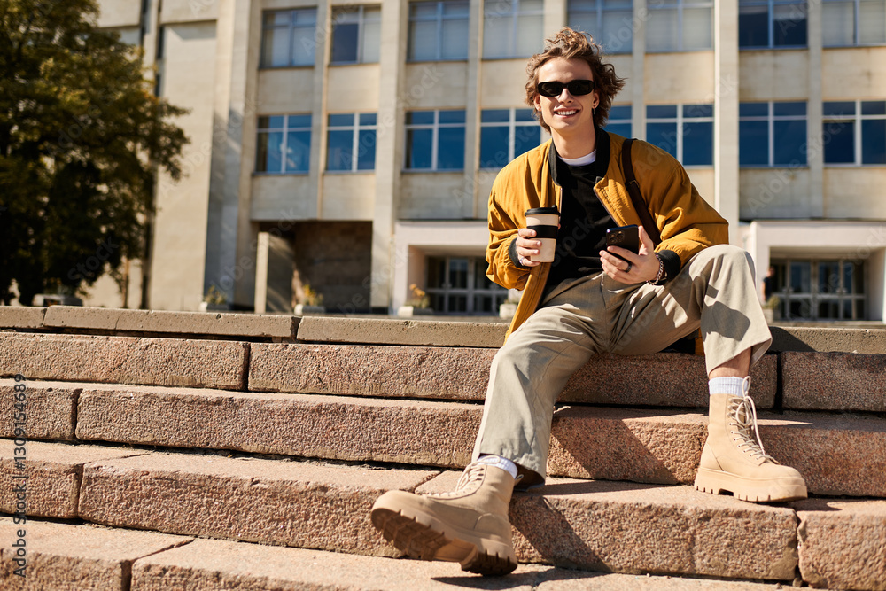Obraz premium Stylish young man enjoying coffee on steps while relaxing under warm sunlight in campus setting