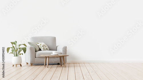 Fototapeta Naklejka Na Ścianę i Meble -  Minimal and neutral interior background with gray armchair and plant standing on wooden floor. Empty white wall with free space. Furnished living room in modern organic style. 3d rendering.