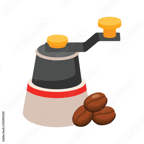 An illustration of a manual coffee grinder with a crank handle and coffee beans.