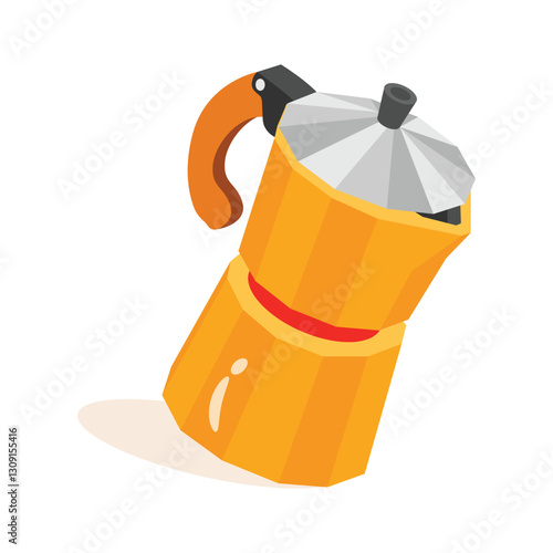 A vibrant, isometric illustration of an orange/yellow Moka Pot, a popular Italian coffee maker.