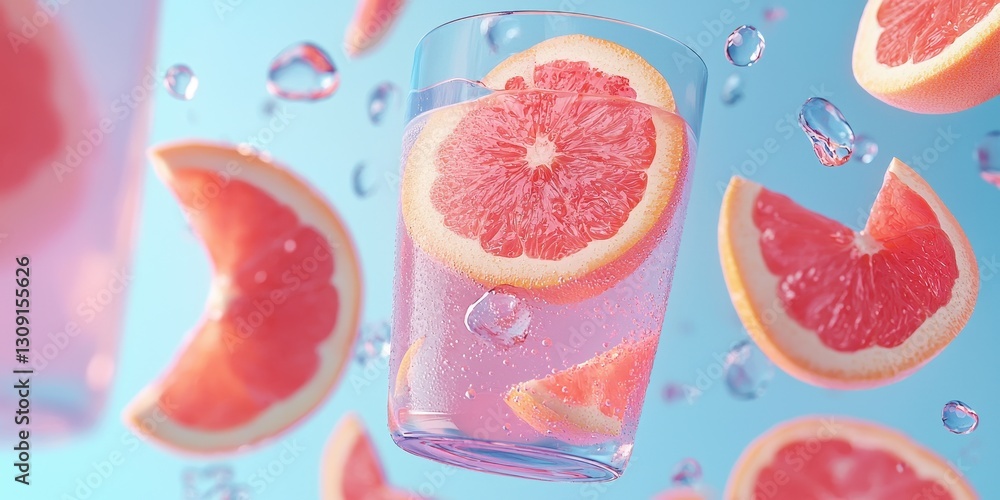 Floating grapefruit juice with floating grapefruit slices on a pastel blue background Floating grapefruit juice with floating grapefruit slices on a pastel blue background