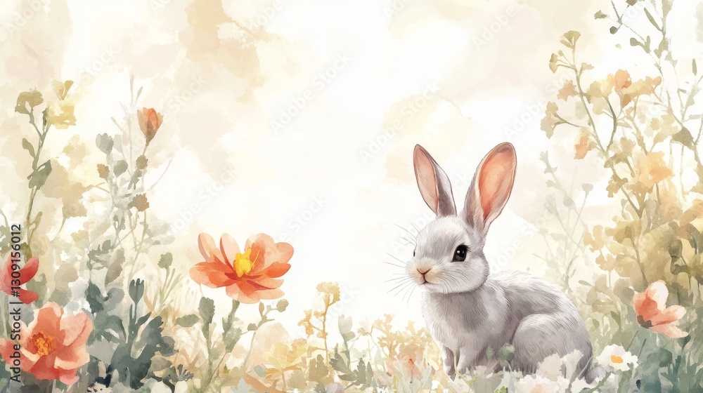 Obraz premium Gray Bunny in a Watercolor Flower Garden