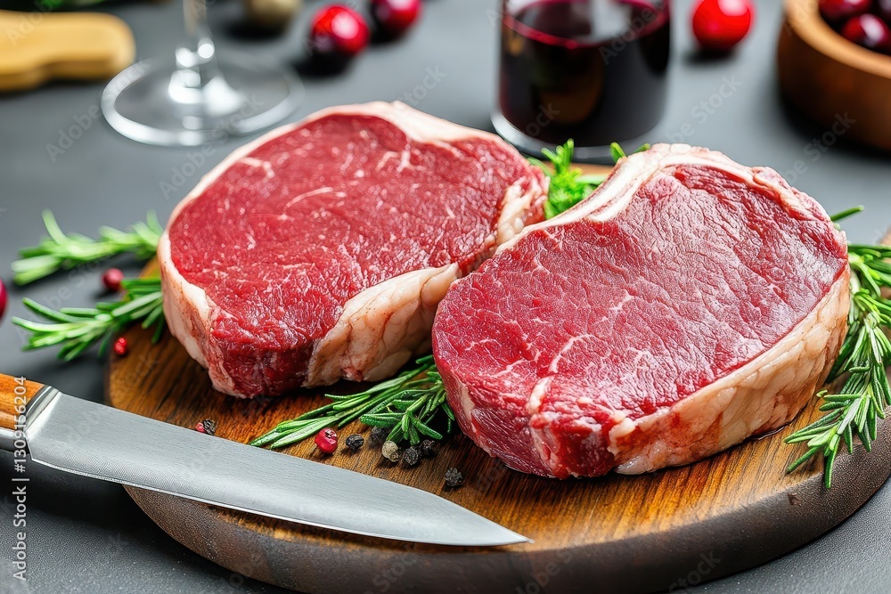 A photo of two large steaks cut in half A photo of two large steaks cut in half