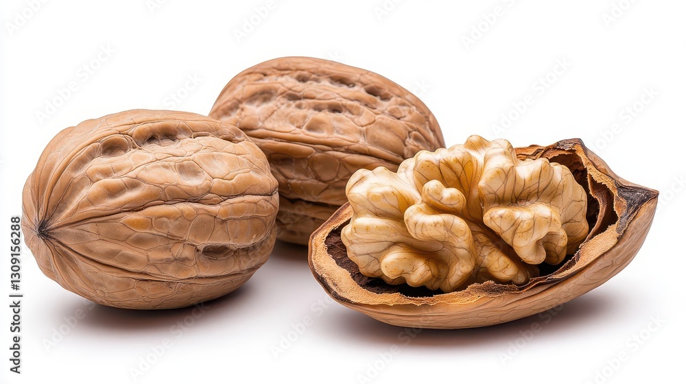 A photograph of closed walnuts and one open walnut with the skin removed A photograph of closed walnuts and one open walnut with the skin removed