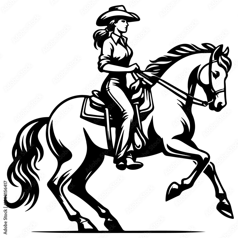 Fototapeta premium Female Cowboy Ride Horse Illustration.
