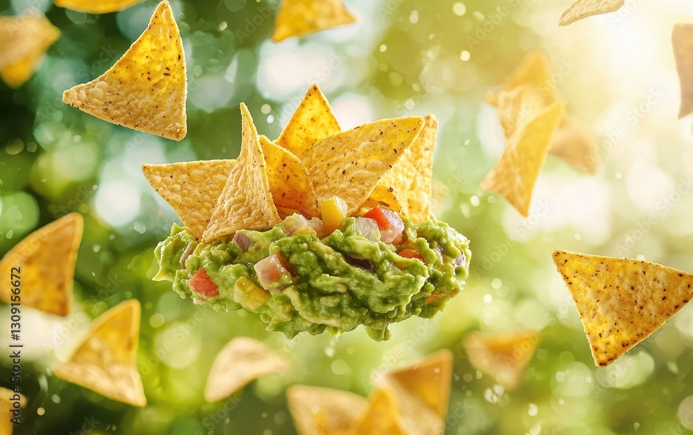 Floating guacamole with tortilla chips on a blurred outdoor gathering background Floating guacamole with tortilla chips on a blurred outdoor gathering background