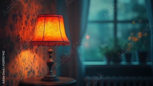 Warm lamplight illuminates vintage room ambiance