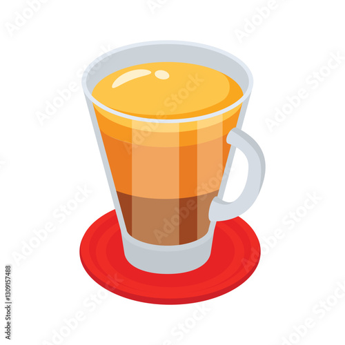 An eye catching icon of a layered coffee drink, likely a macchiato or similar, presented in a glass cup with a red coaster.