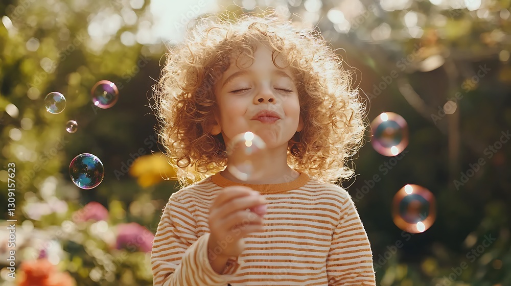 A Cute Little Boy Enjoying Blowing Soap Bubbles on a Sunny Day in the Garden A Cute Little Boy Enjoying Blowing Soap Bubbles on a Sunny Day in the Garden