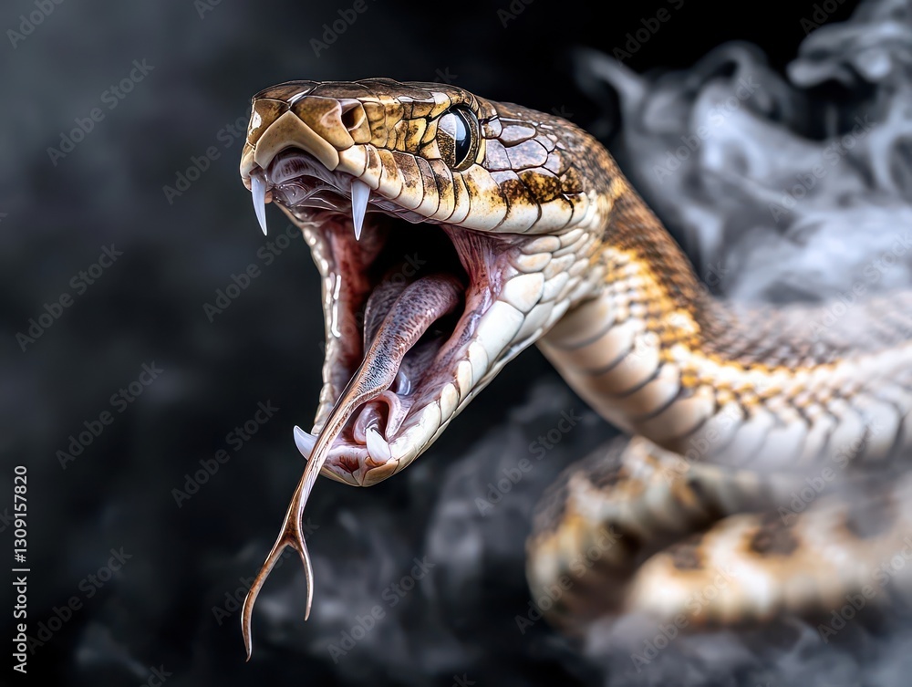 A snake with an open mouth and fangs, against a dark background, with smoke surrounding the body of the snake Highly realistic, in a fantasy style A snake with an open mouth and fangs, against a dark background, with smoke surrounding the body of the snake Highly realistic, in a fantasy style