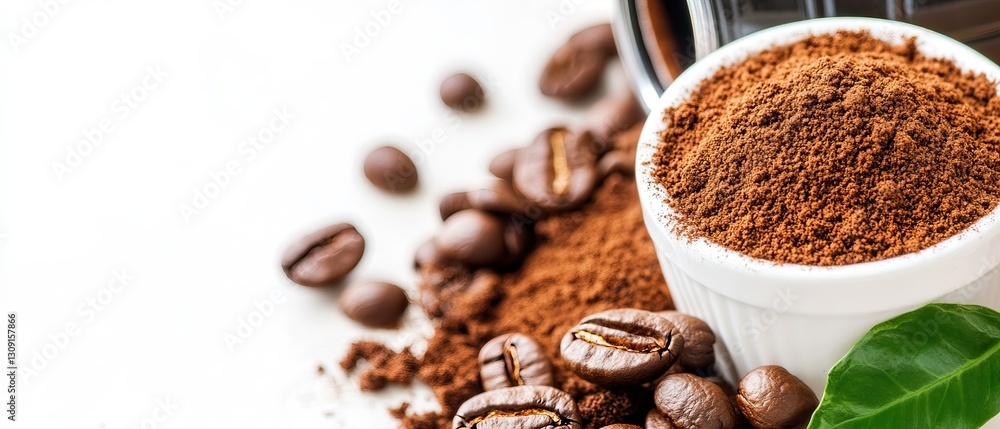 A close-up of coffee grounds and beans, showcasing their rich texture and earthy colors, complemented by fresh green leaves. A close-up of coffee grounds and beans, showcasing their rich texture and earthy colors, complemented by fresh green leaves.