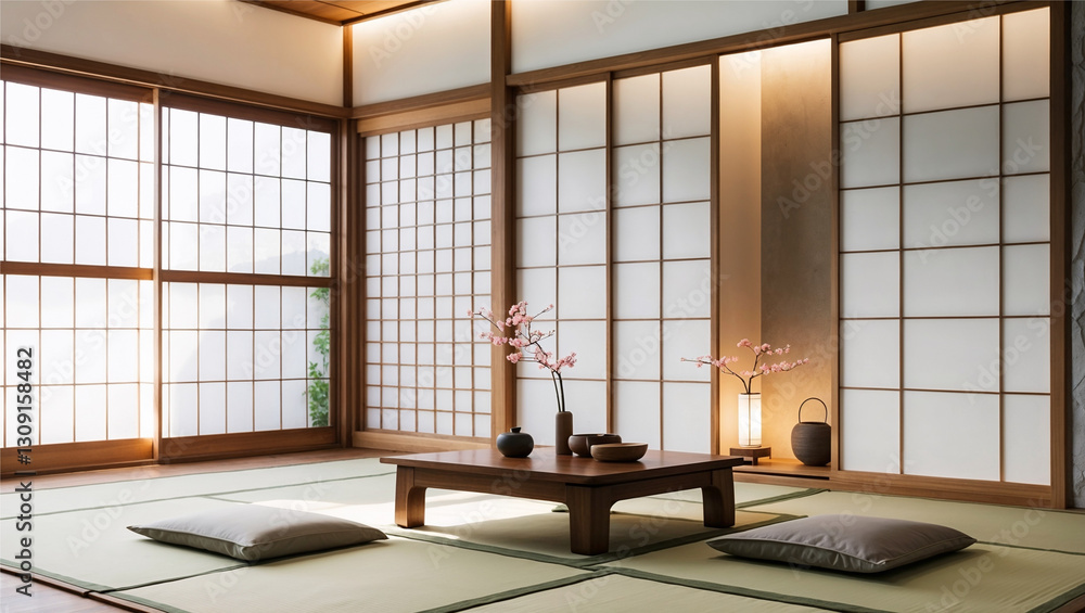 Fototapeta premium Experience the serenity of traditional Japanese interior design with a harmonious blend of natural materials, soft lighting, and minimalist aesthetics. The tatami flooring, shoji screens, and wooden f
