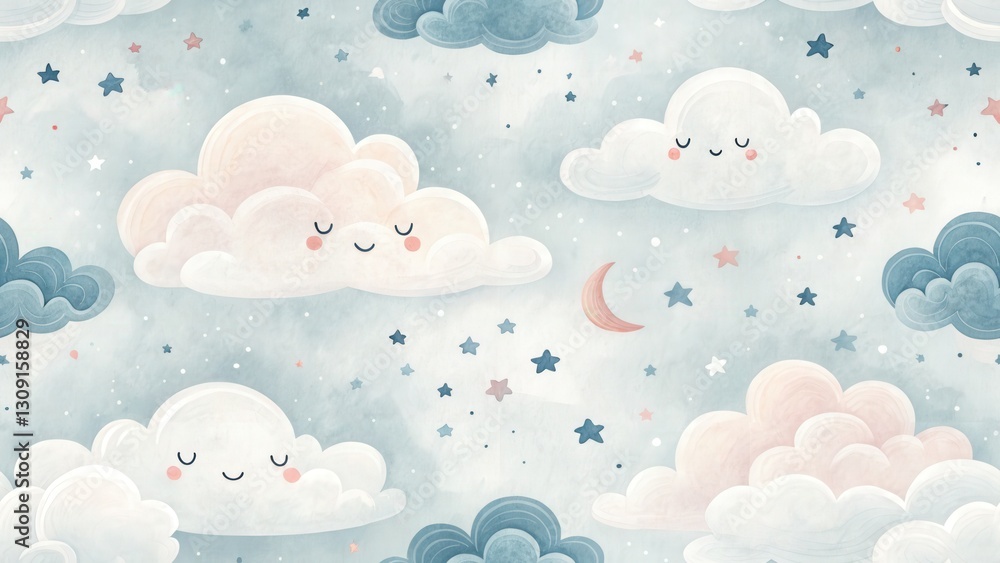 Adorable Digital Art of Cute Desserts. Whimsical clouds and stars create a dreamy, serene sky pattern. seamless background. Adorable Digital Art of Cute Desserts. Whimsical clouds and stars create a dreamy, serene sky pattern. seamless background.