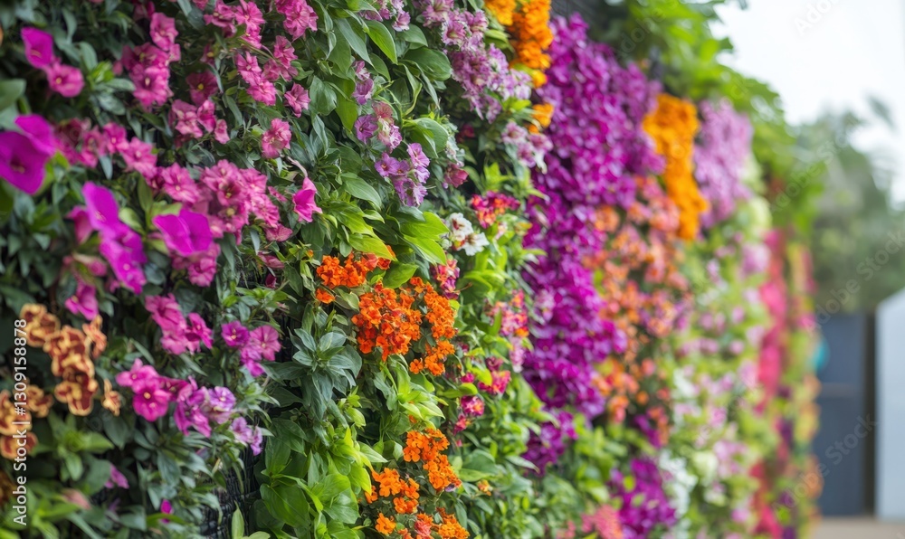 Obraz premium Lush vertical garden with vibrant flowers along a pathway.