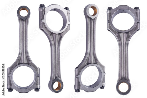 st collection of four connecting piston or con rod made of metal isolated white background. car engine or motor spare part repair service concept.