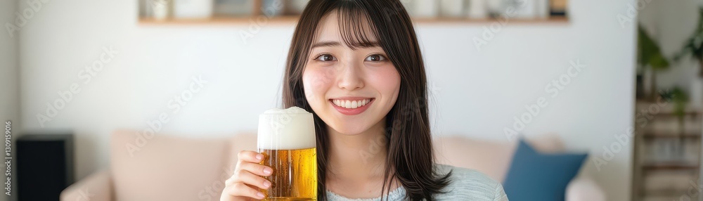 A young Japanese woman holds a beer glass and smiles at the camera A young Japanese woman holds a beer glass and smiles at the camera