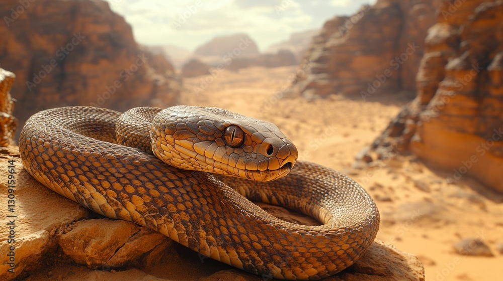 Fototapeta premium Desert snake coiled on rock, sunlit canyon backdrop