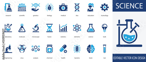 Science icon set. with research , bacteria,  laboratory, biology,  chemical, tube and more solid symbol